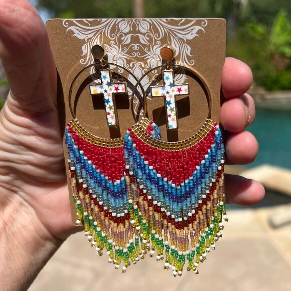 Handmade Beaded Long Faith Fringe Cross Dangle Drop Lightweight Post Earrings - Picture 10 of 11